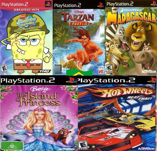 5 Jogos Ps2 Bob Esponja Tarzan Madagascar Barbie Hot Wheels